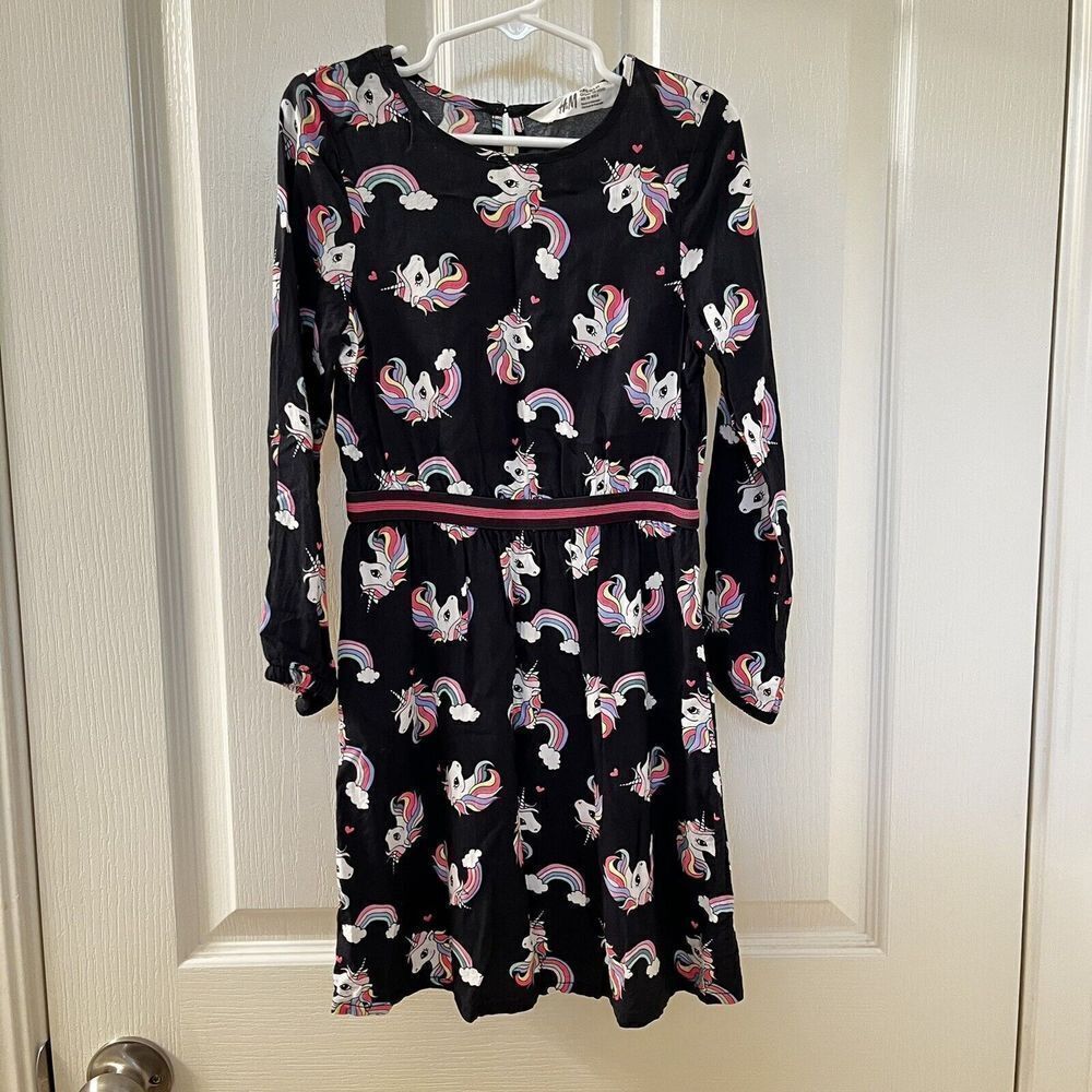 H&M Unicorn and Rainbow Dress Black Long Sleeve Elastic Waist Girls Size 5-6